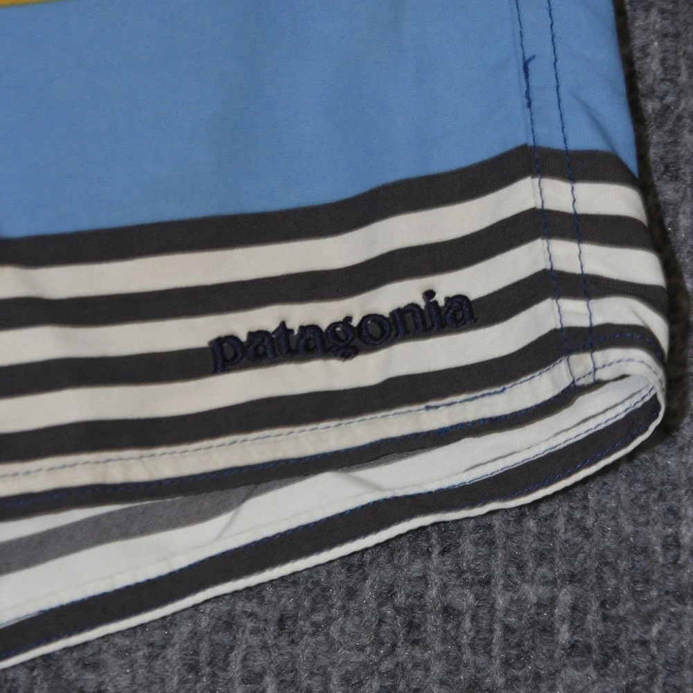 Patagonia Swim Trunks Mens 32 Blue‎ Yellow Striped Board Shorts Nylon Quick Dry